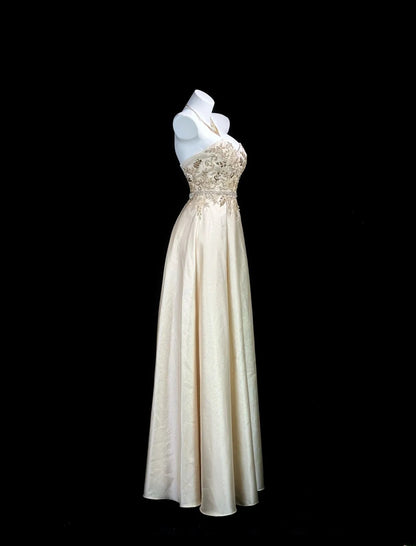 Vintage 80s Prom Dresses A line Sweetheart Gold Satin With Lace Long Evening Dress Formal Outfits RB5871
