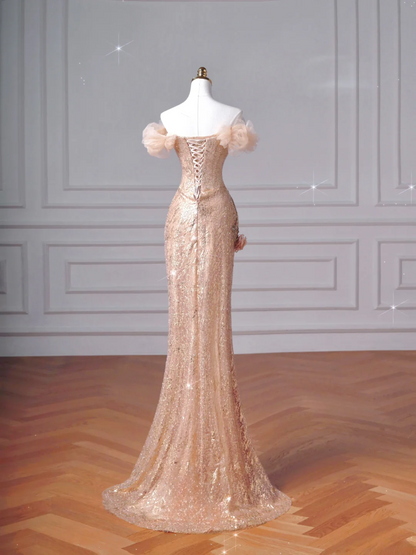 Funkelndes Meerjungfrauen-Kleid in Rosé mit schulterfreiem Ausschnitt und Ärmeln, langes formelles Ballkleid, Abendkleid, Partykleid AQ065