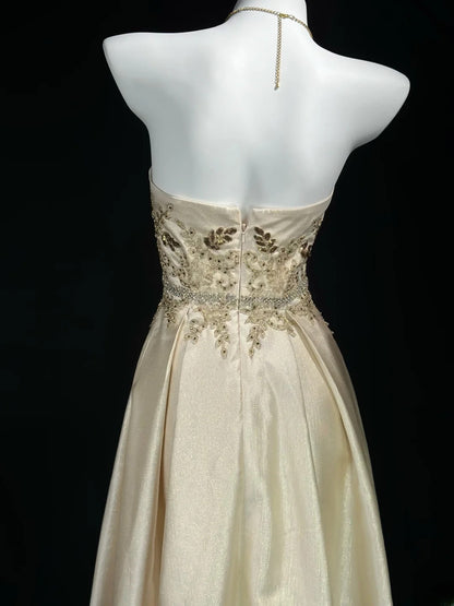 Vintage 80s Prom Dresses A line Sweetheart Gold Satin With Lace Long Evening Dress Formal Outfits RB5871