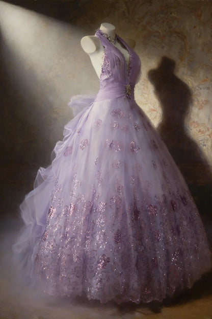 Cute Ball Gown Halter Lilac Sleeveless With Beaded Bodice Tulle Long Quinceanera Dresses Sweet 15 16 Birthday Outfits AS065