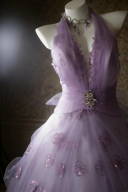 Cute Ball Gown Halter Lilac Sleeveless With Beaded Bodice Tulle Long Quinceanera Dresses Sweet 15 16 Birthday Outfits AS065