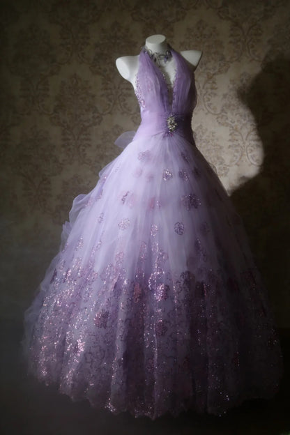 Cute Ball Gown Halter Lilac Sleeveless With Beaded Bodice Tulle Long Quinceanera Dresses Sweet 15 16 Birthday Outfits AS065