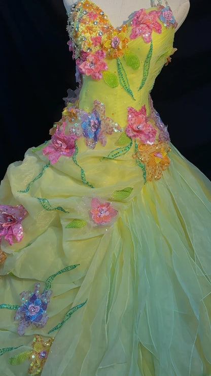 Cute Ball Gown Halter Sleeveless Yellow Tulle With Ruffles Flowers Long Quinceanera Dress vestido de 15 de cenicienta RB3464
