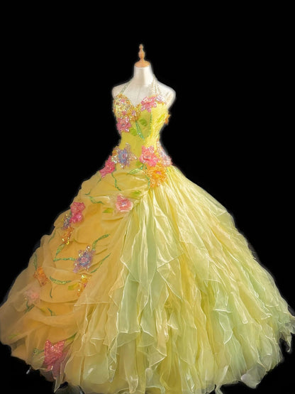 Cute Ball Gown Halter Sleeveless Yellow Tulle With Ruffles Flowers Long Quinceanera Dress vestido de 15 de cenicienta RB3464