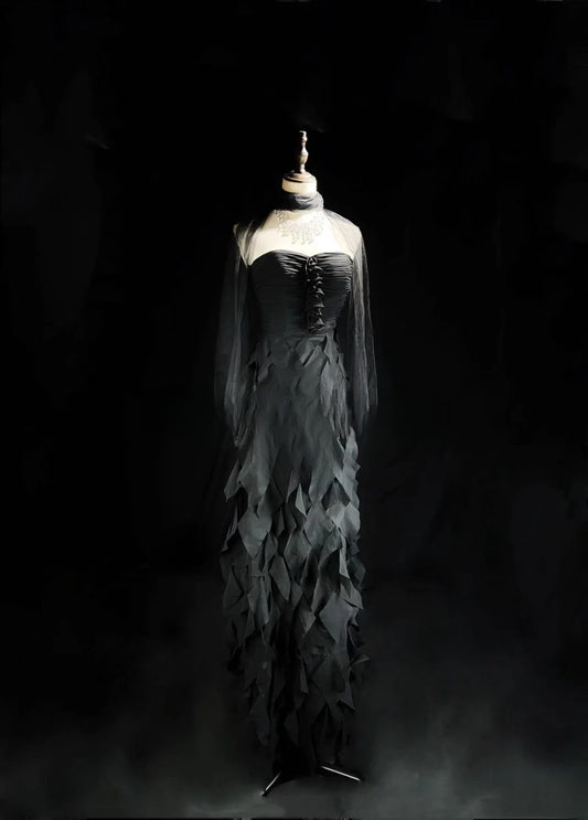 Vintage 80s Prom Dresses A line Sweetheart Black Chiffon With Ruffled Long Evening Dress Formal Outfits RB5872