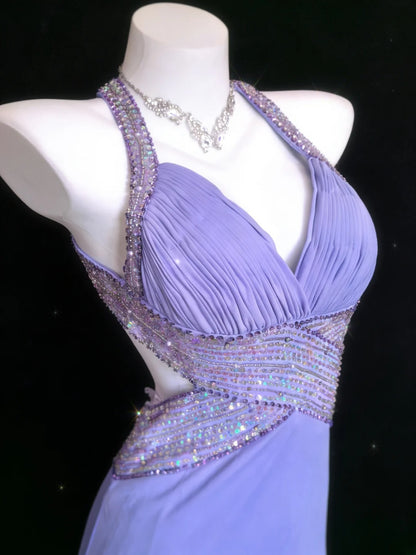 Retro-Meerjungfrauenkleid im Stil der 1950er Jahre, lila, mit perlenbesetztem Oberteil, langes Ballkleid oder Geburtstagskleid AS066