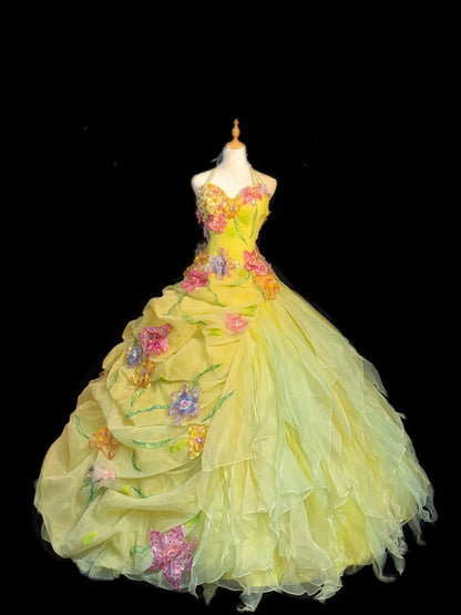 Cute Ball Gown Halter Sleeveless Yellow Tulle With Ruffles Flowers Long Quinceanera Dress vestido de 15 de cenicienta RB3464
