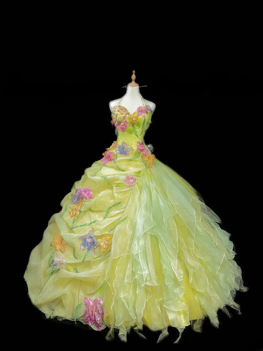 Cute Ball Gown Halter Sleeveless Yellow Tulle With Ruffles Flowers Long Quinceanera Dress vestido de 15 de cenicienta RB3464