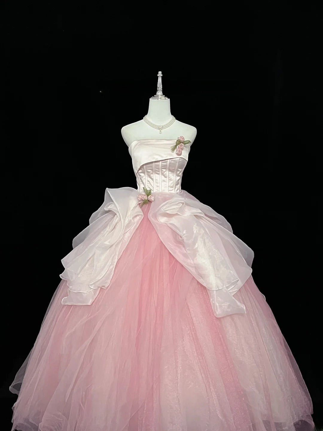 Pretty Ball Gown Strapless Pink Tulle With Flowers Quince Dress Voluminous Sweet 16 Sweet Sixteen Outfits Vestido de 15 RB7437