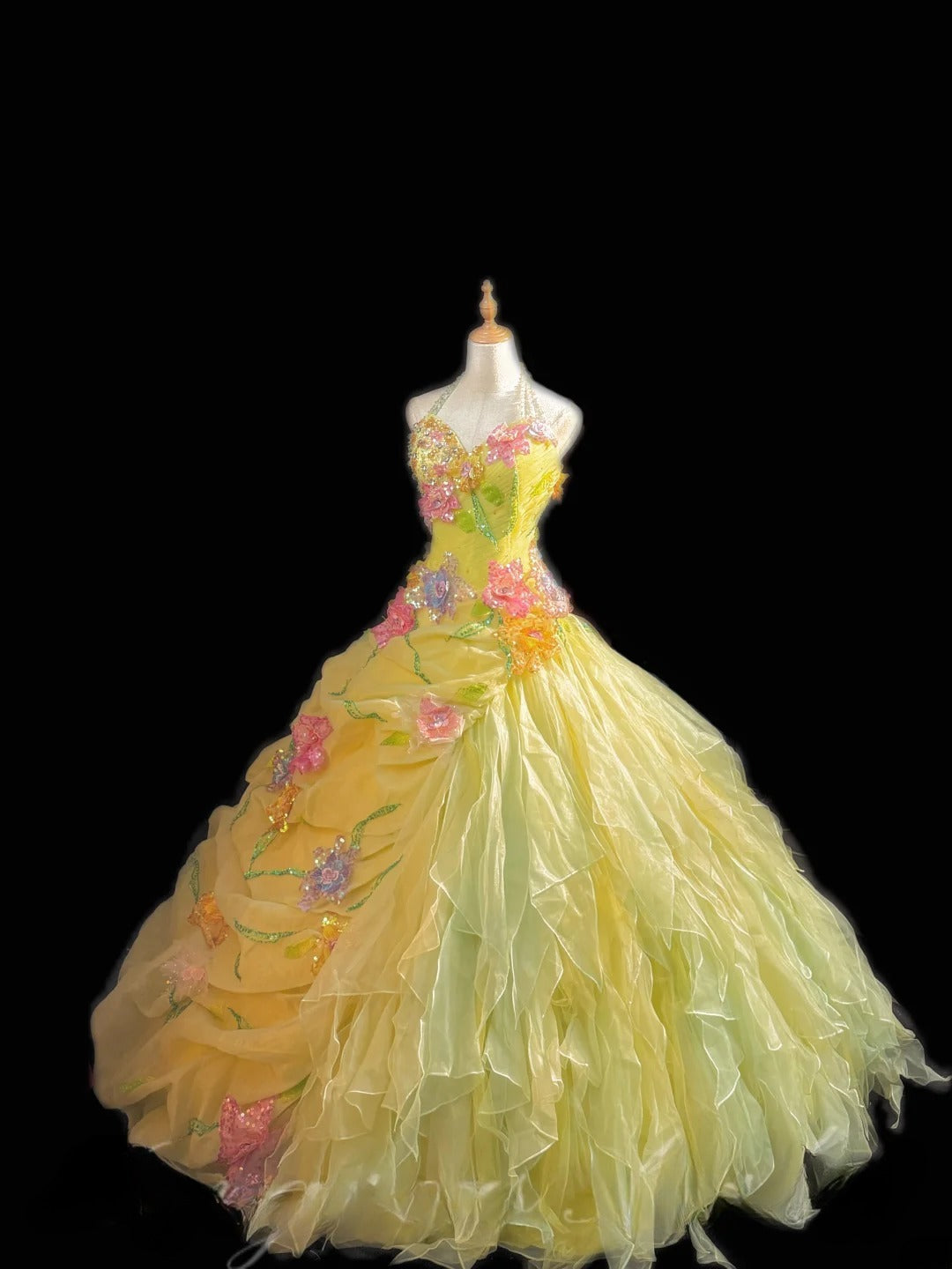 Cute Ball Gown Halter Sleeveless Yellow Tulle With Ruffles Flowers Long Quinceanera Dress vestido de 15 de cenicienta RB3464