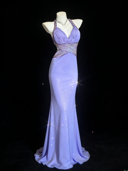 Retro-Meerjungfrauenkleid im Stil der 1950er Jahre, lila, mit perlenbesetztem Oberteil, langes Ballkleid oder Geburtstagskleid AS066