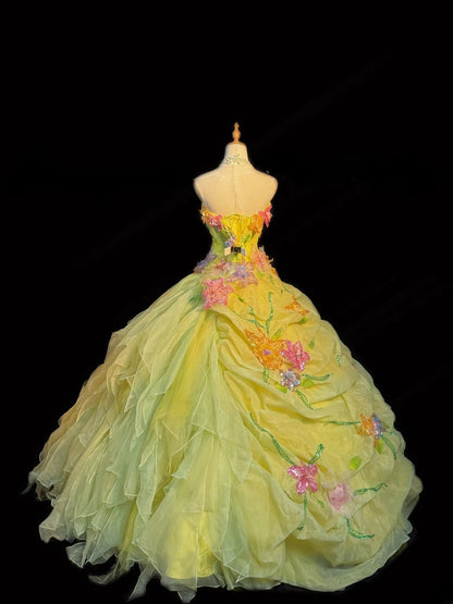Cute Ball Gown Halter Sleeveless Yellow Tulle With Ruffles Flowers Long Quinceanera Dress vestido de 15 de cenicienta RB3464
