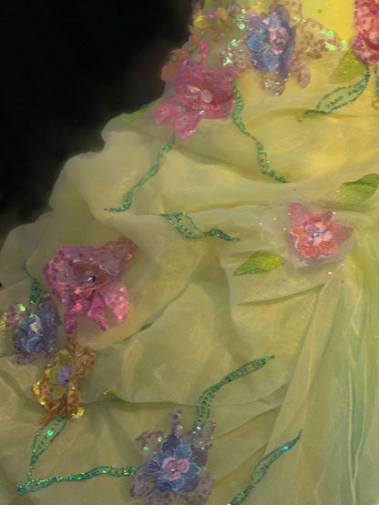 Cute Ball Gown Halter Sleeveless Yellow Tulle With Ruffles Flowers Long Quinceanera Dress vestido de 15 de cenicienta RB3464