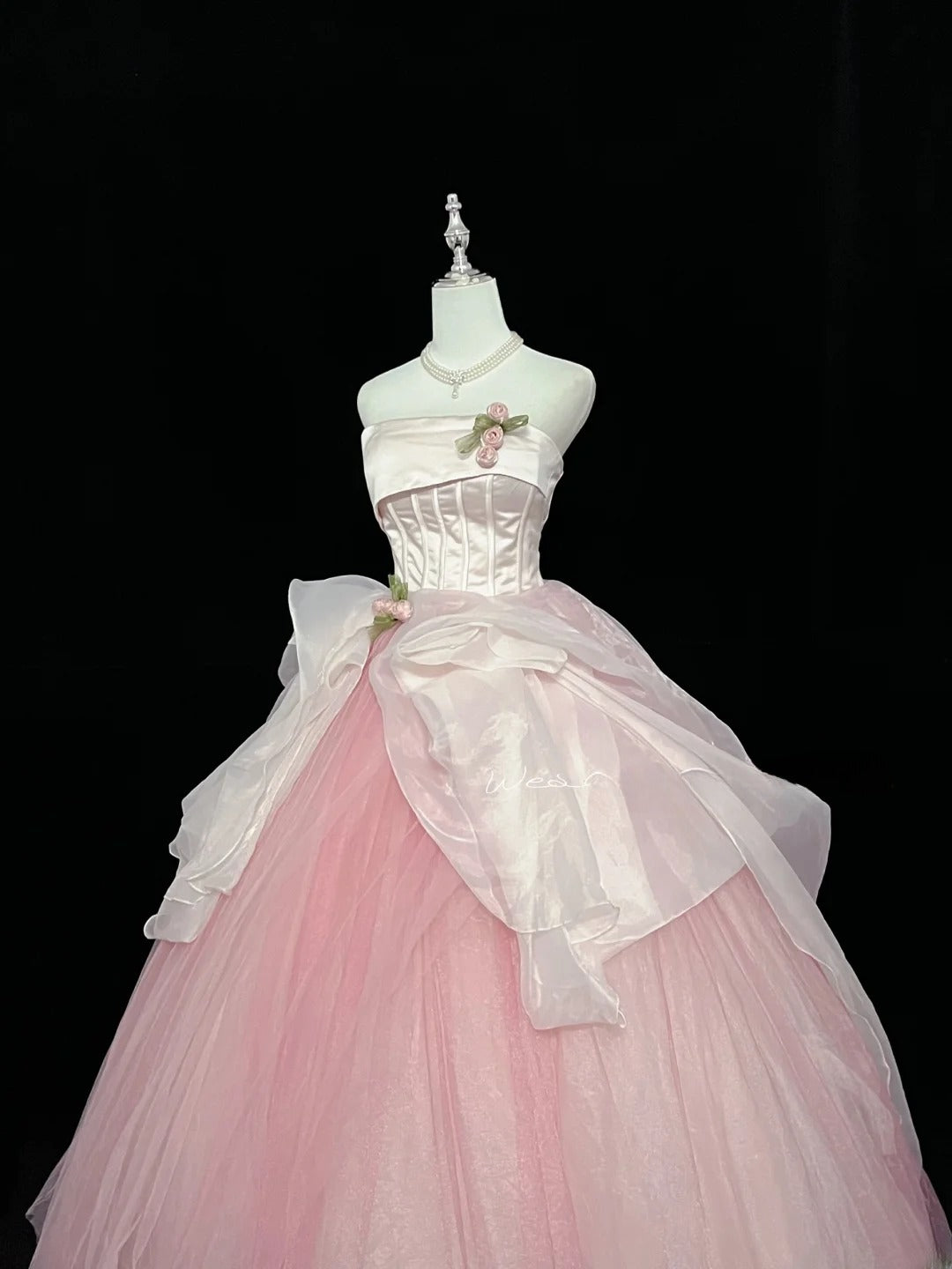 Pretty Ball Gown Strapless Pink Tulle With Flowers Quince Dress Voluminous Sweet 16 Sweet Sixteen Outfits Vestido de 15 RB7437