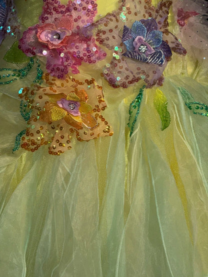 Cute Ball Gown Halter Sleeveless Yellow Tulle With Ruffles Flowers Long Quinceanera Dress vestido de 15 de cenicienta RB3464