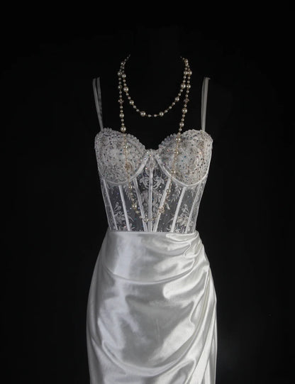 Vintage Mermaid Spaghetti Strap Silver Gray Silk Satin 2000s Prom Dress Inspo With Slit Lace Formal Party Gowns Formal Dresses AS067