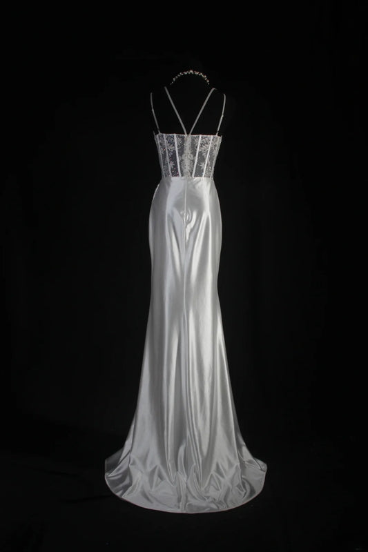 Vintage Mermaid Spaghetti Strap Silver Gray Silk Satin 2000s Prom Dress Inspo With Slit Lace Formal Party Gowns Formal Dresses AS067