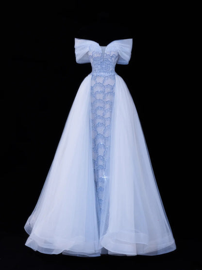 Elegantes, schulterfreies Meerjungfrauen-Abendkleid aus blauem Tüll mit langen Ärmeln – ein beeindruckendes, langes Abendkleid für festliche Anlässe (SA068).