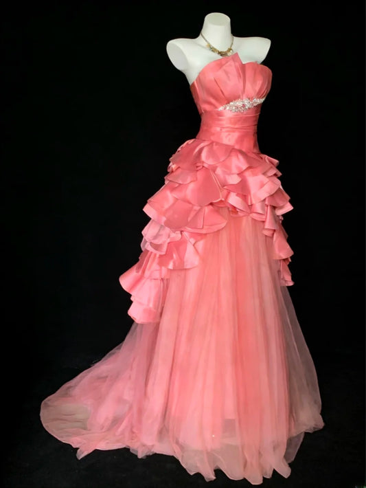 Robe de bal élégante sans bretelles en tulle rose corail, sans manches, pour femme, robe de bal longue, tenue pour les 16 ans, AS068