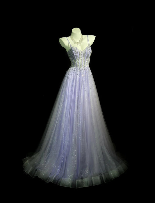 Vintage 1980s Prom Dresses A Line Spaghetti Strap Lilac Tulle With Beaded Evening Dress Formal Outfits RB5874
