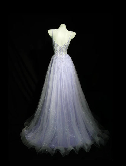 Vintage 1980s Prom Dresses A Line Spaghetti Strap Lilac Tulle With Beaded Evening Dress Formal Outfits RB5874