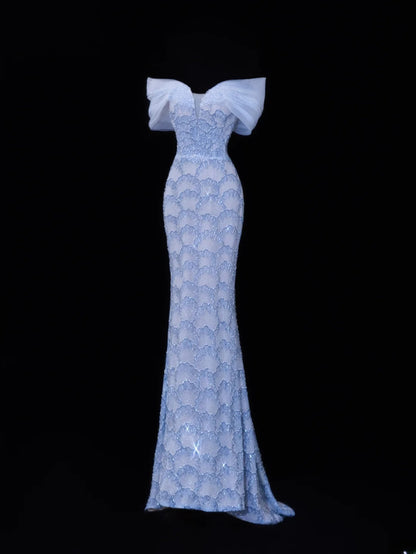Elegantes, schulterfreies Meerjungfrauen-Abendkleid aus blauem Tüll mit langen Ärmeln – ein beeindruckendes, langes Abendkleid für festliche Anlässe (SA068).