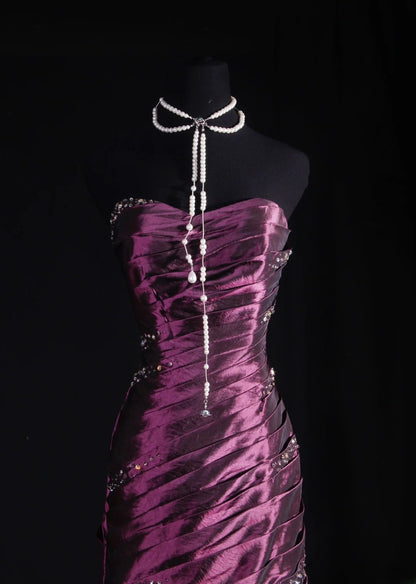 Cocktailkleid für Damen im 90er-Jahre-Meerjungfrauenstil, lila, herzförmiges Dekolleté, Taft mit Perlen, langes Abendkleid, Abschlussballkleid AS068