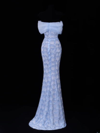 Elegantes, schulterfreies Meerjungfrauen-Abendkleid aus blauem Tüll mit langen Ärmeln – ein beeindruckendes, langes Abendkleid für festliche Anlässe (SA068).
