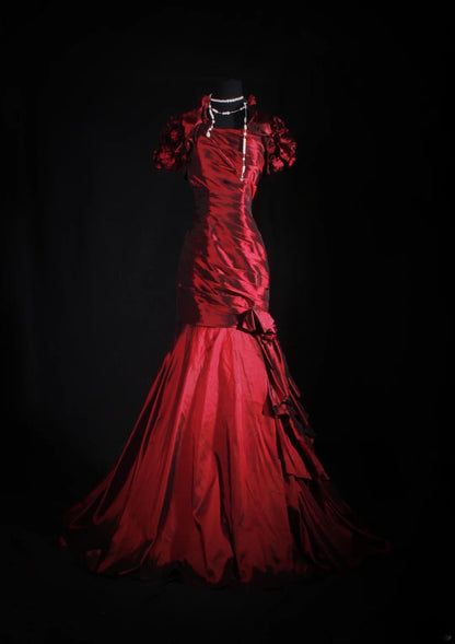Robe de cocktail sirène années 90, col carré, en taffetas rouge plissé, longue, idéale pour les remises de diplômes et les bals de fin d'année (AS069)