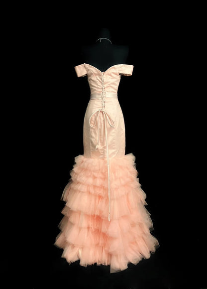 Vintage Prom Dresses Mermaid Off The Shoulder Blush Pink With Ruffled Long Evening Dress Formal Outfits RB5875