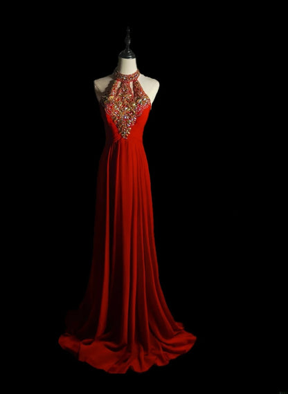 Elegantes, langes Abendkleid aus rotem Chiffon in A-Linie mit Neckholder und Perlenstickerei – Inspiration für Abschlussball und Abiball AS069