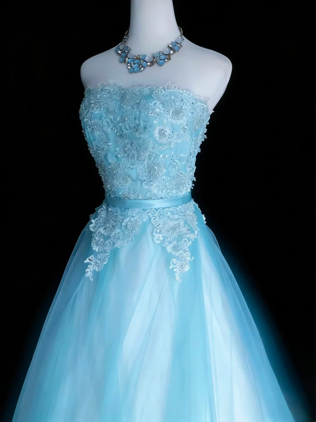 Robe de bal élégante sans bretelles en tulle bleu, sans manches, pour femme, robe de bal longue, tenue de fin d'année scolaire, AS069