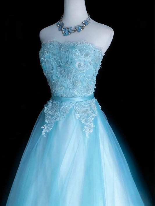 Robe de bal élégante sans bretelles en tulle bleu, sans manches, pour femme, robe de bal longue, tenue de fin d'année scolaire, AS069