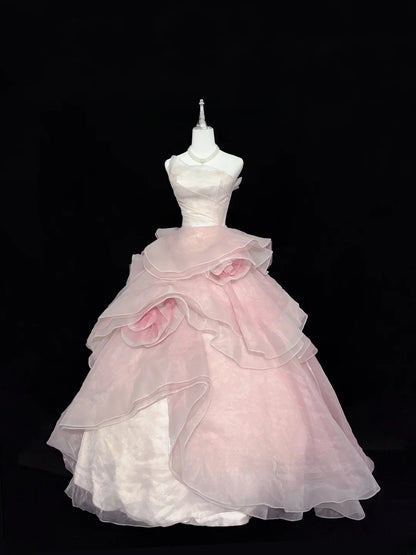 Stunning Ball Gown Strapless Pink Tulle With Tiered Layers Quince Dress Voluminous Sweet 16 Sweet Sixteen Outfits Vestido de 15 RB7440
