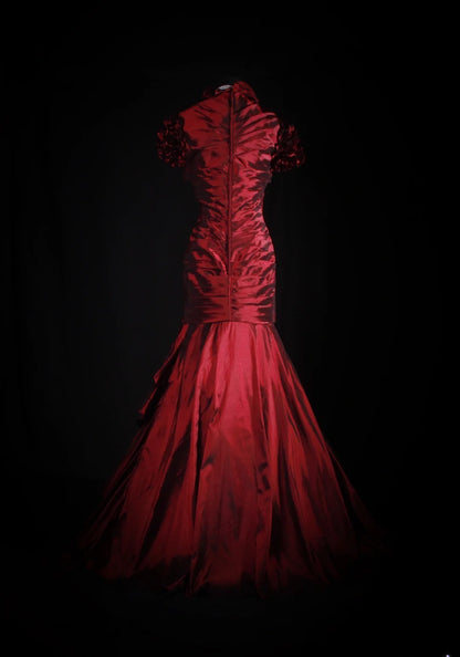 Robe de cocktail sirène années 90, col carré, en taffetas rouge plissé, longue, idéale pour les remises de diplômes et les bals de fin d'année (AS069)