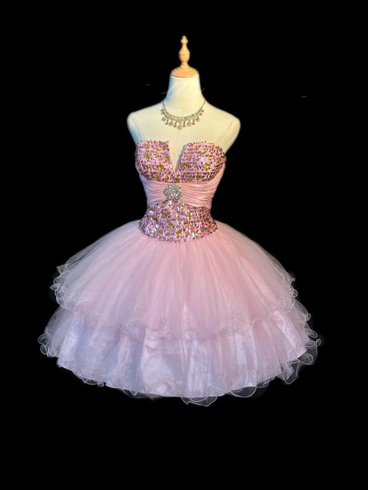 Elegant Ball Gown Sweetheart Pink Tulle Party Dress Short Mini 18th Birthday Dresses Hoco Outfits RB3467