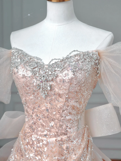 Glitzerndes Meerjungfrauen-Kleid mit Herzausschnitt, Pailletten, in zartem Rosa, mit Ärmeln, langes formelles Ballkleid, Abendkleid, Partykleid AQ066
