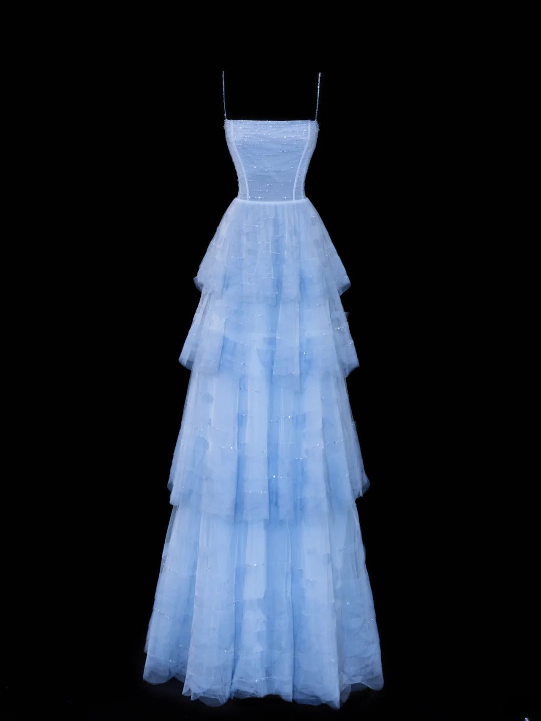 Simple Formal A Line Spaghetti Strap Blue Tulle Style Impress Long Prom Dresses Party Gowns SA070