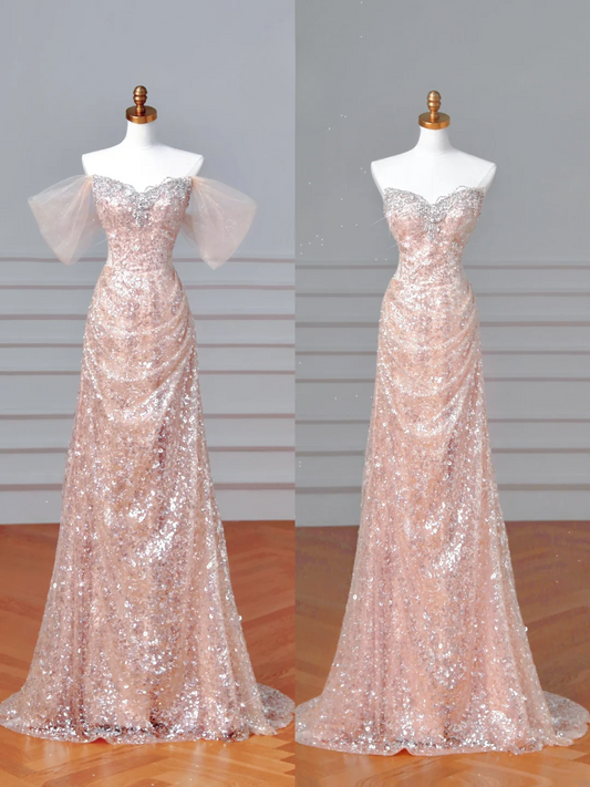 Glitzerndes Meerjungfrauen-Kleid mit Herzausschnitt, Pailletten, in zartem Rosa, mit Ärmeln, langes formelles Ballkleid, Abendkleid, Partykleid AQ066