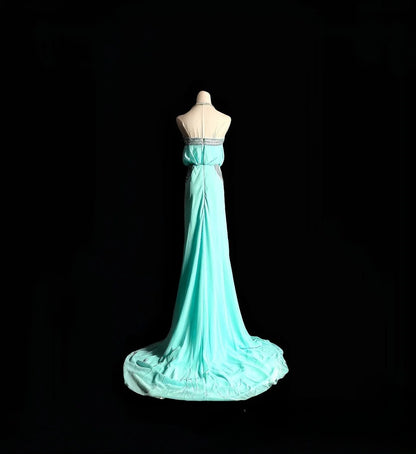 Vintage Mermaid Strapless Blue Chiffon Long Prom Dress With Crystals Formal Dress Party Dresses RB6954