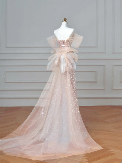 Glitzerndes Meerjungfrauen-Kleid mit Herzausschnitt, Pailletten, in zartem Rosa, mit Ärmeln, langes formelles Ballkleid, Abendkleid, Partykleid AQ066