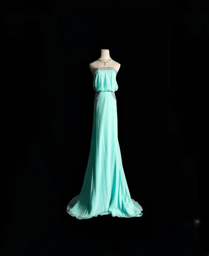 Vintage Mermaid Strapless Blue Chiffon Long Prom Dress With Crystals Formal Dress Party Dresses RB6954
