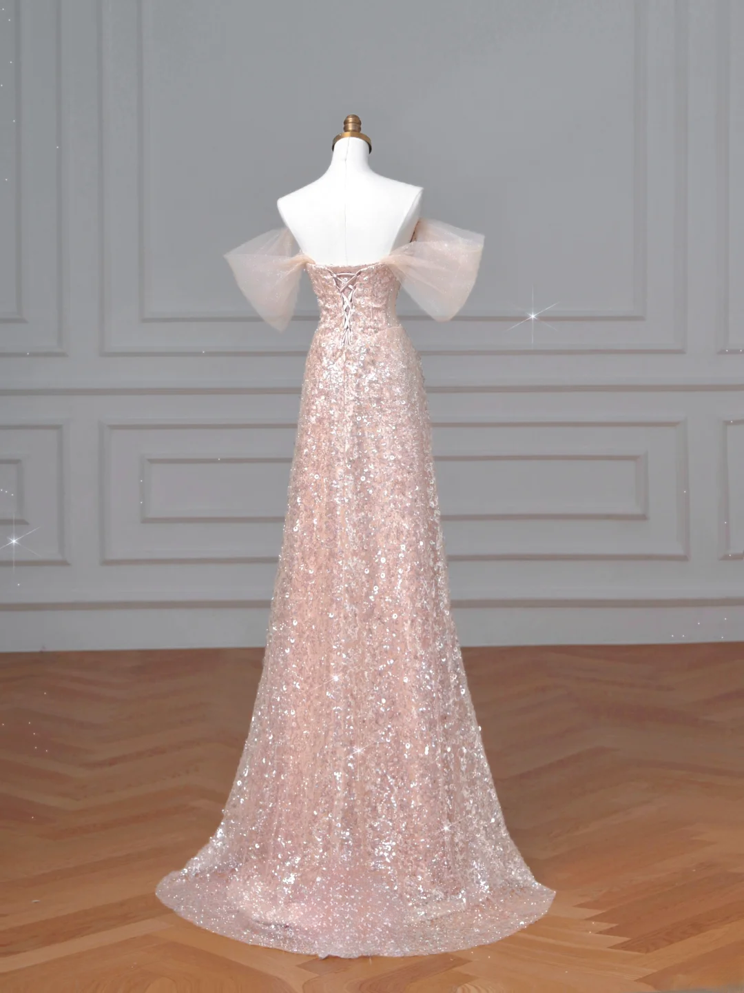 Glitzerndes Meerjungfrauen-Kleid mit Herzausschnitt, Pailletten, in zartem Rosa, mit Ärmeln, langes formelles Ballkleid, Abendkleid, Partykleid AQ066