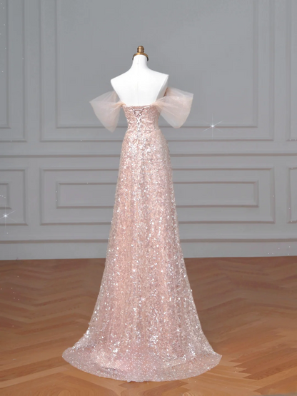 Glitzerndes Meerjungfrauen-Kleid mit Herzausschnitt, Pailletten, in zartem Rosa, mit Ärmeln, langes formelles Ballkleid, Abendkleid, Partykleid AQ066