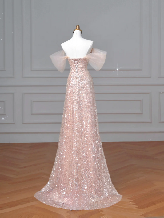 Glitzerndes Meerjungfrauen-Kleid mit Herzausschnitt, Pailletten, in zartem Rosa, mit Ärmeln, langes formelles Ballkleid, Abendkleid, Partykleid AQ066