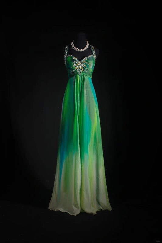Vintage A Line Halter Green Chiffon Multi Colors Party Dress With Beads 1950s Retro Classy Birthday Dinner Long Prom Dresses AS071