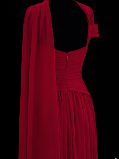 Classy A Line 1950s Formal One Shoulder Red Chiffon Pleated Style Impress Long Prom Dresses Party Gowns SA071