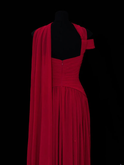 Classy A Line 1950s Formal One Shoulder Red Chiffon Pleated Style Impress Long Prom Dresses Party Gowns SA071
