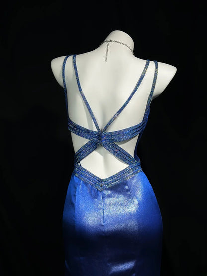 Vintage 90s Prom Dresses Mermaid V Neckline Royal Blue Satin With Long Backless Beading Evening Dress Formal Outfits RB5877