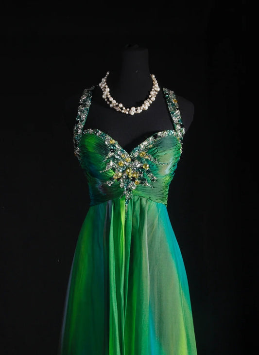 Vintage A Line Halter Green Chiffon Multi Colors Party Dress With Beads 1950s Retro Classy Birthday Dinner Long Prom Dresses AS071